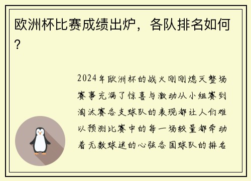 欧洲杯比赛成绩出炉，各队排名如何？