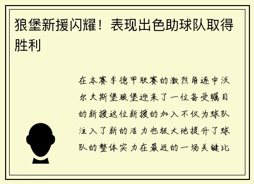 狼堡新援闪耀！表现出色助球队取得胜利